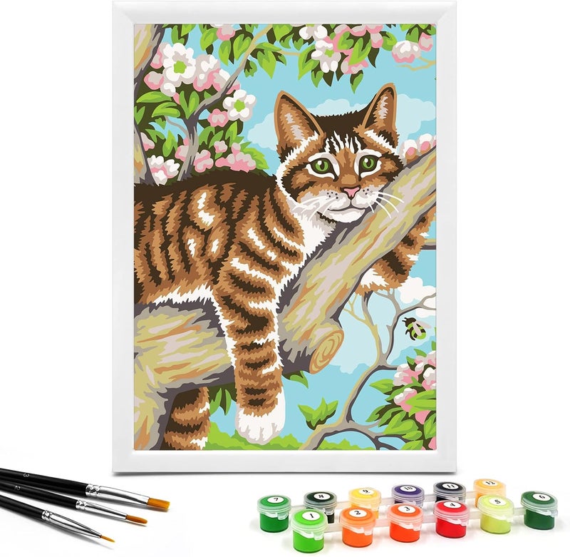 Nariolar Paint by Numbers for Kids Ages 8-12 with 7X9.5 inch Pre-Printed Cardboard,12 Acrylic Paint Pots and 3 Painting Brushes, Room Decor for Children,(Cat in The Tree) - Image 1